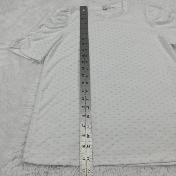 DR2 Womens Blouse White Knit Dot Crew Neck Puff Short Sleeve Pullover‎ XS New - Picture 3 of 8